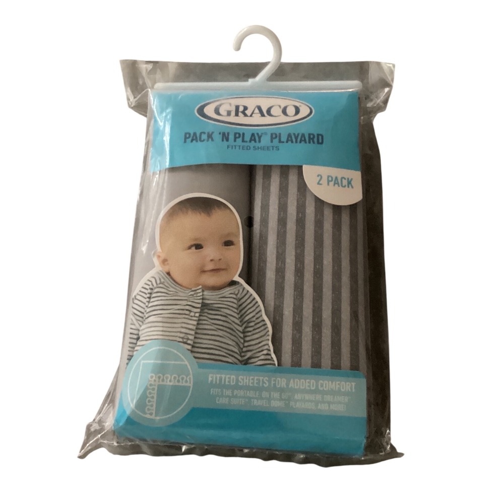 Graco Pack N Play Fitted Sheets 2 Pack Stripes Gray‎ For Portable Playards